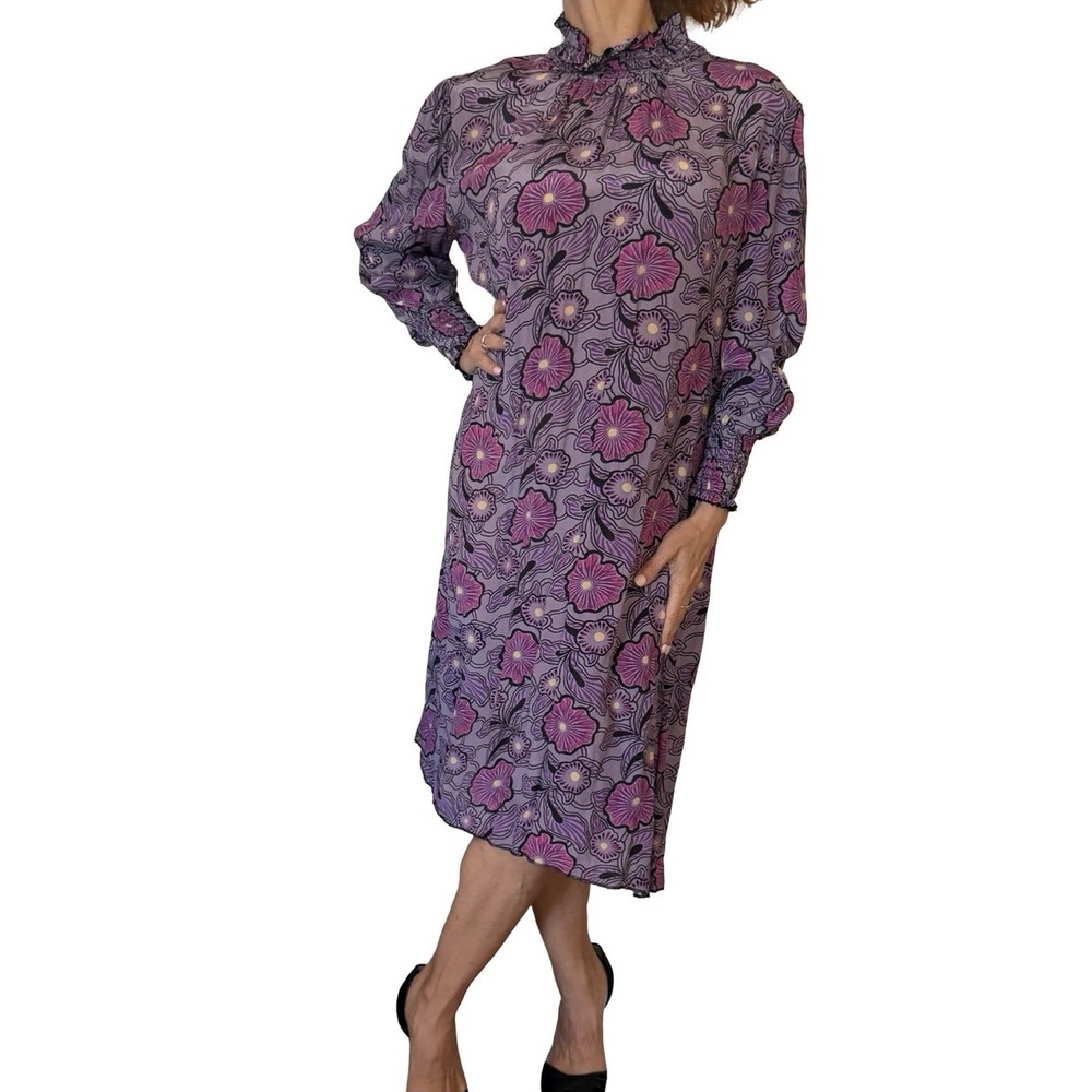 Anna Sui USA Dress XL Purple Floral smocked high neck 70'S Vintage Boho Chic - Picture 2 of 14